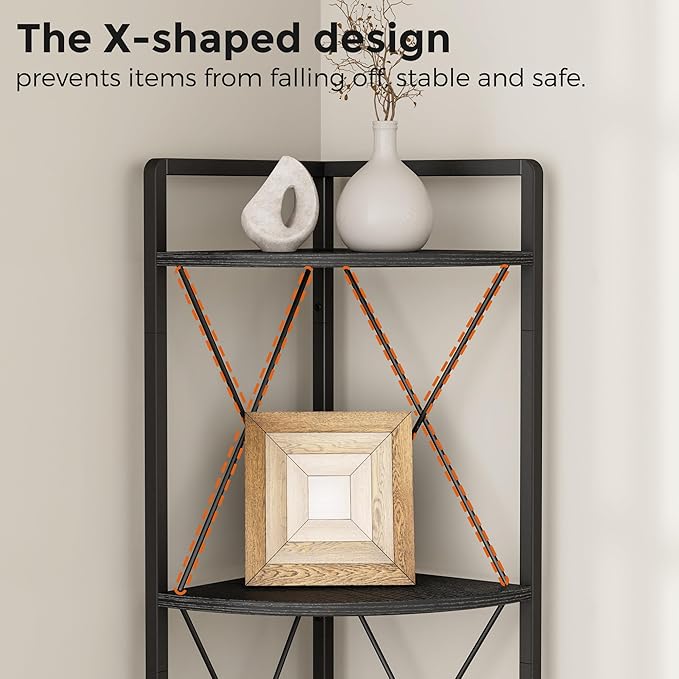 5 Tier Corner Shelf Stand, 64" H Tall Corner Bookshelf, Black | Industrial Metal Corner Shelf for Living Room Decor, Plant Stand Display Shelf for Bedroom, Bathroom, Small Spaces