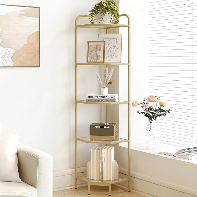 Hzuaneri Corner Shelf Stand, 5-Tier Glass Bookshelf Bookcase, Plant Stand | Bathroom Organizer Steel Frame, Tempered Glass, Modern Style for Living Room, Bathroom, Kitchen, Gold CS90200G