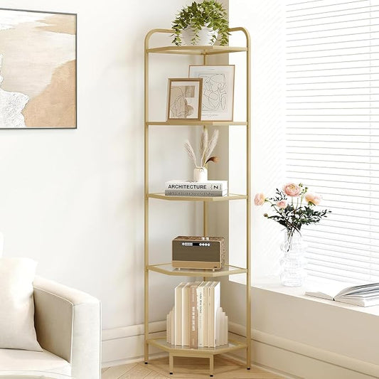 Hzuaneri Corner Shelf Stand, 5-Tier Glass Bookshelf Bookcase, Plant Stand | Bathroom Organizer Steel Frame, Tempered Glass, Modern Style for Living Room, Bathroom, Kitchen, Gold CS90200G