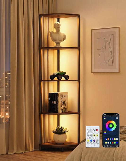 Corner Shelf with LED Light, 5 Tier Smart Color Changing Floor Lamp with Remote, 62" Display Shelf Bookshelf Narrow Storage Rack Standing Lamp for Living Room Bedroom Home Office Decor, Brown