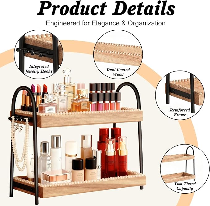 Bathroom Organizer Countertop Tall 2-Tier Waterproof 20+ Bottles 8 Hooks | Tall design for family bathroom/vanity, fits tall perfume/skincare, paulownia wood shelf, 8 hooks keep jewelry tidy, non-slip