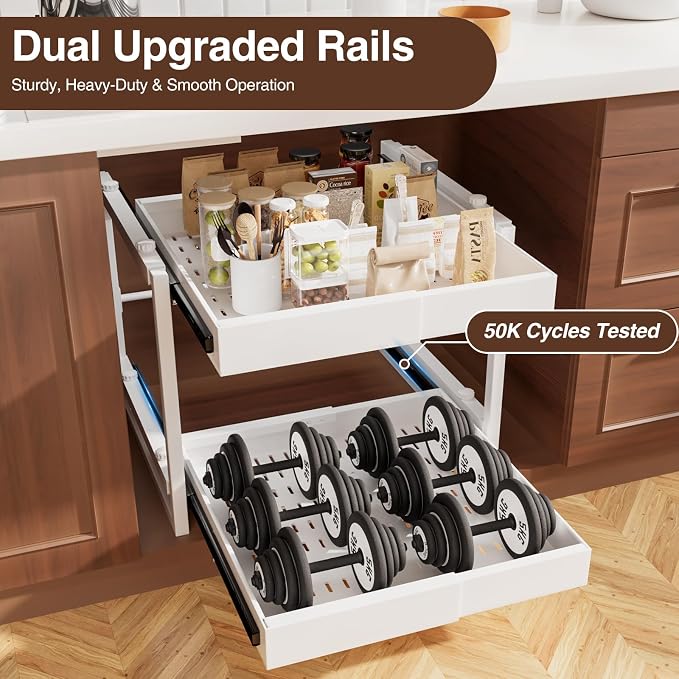 2-Tier Expandable Pull Out Cabinet Organizer, Heavy Duty Adjustable Width Metal Slide Out Shelf, No Screw Cabinet Storage Rack for Kitchen Bathroom 17in Depth Cabinet（White）