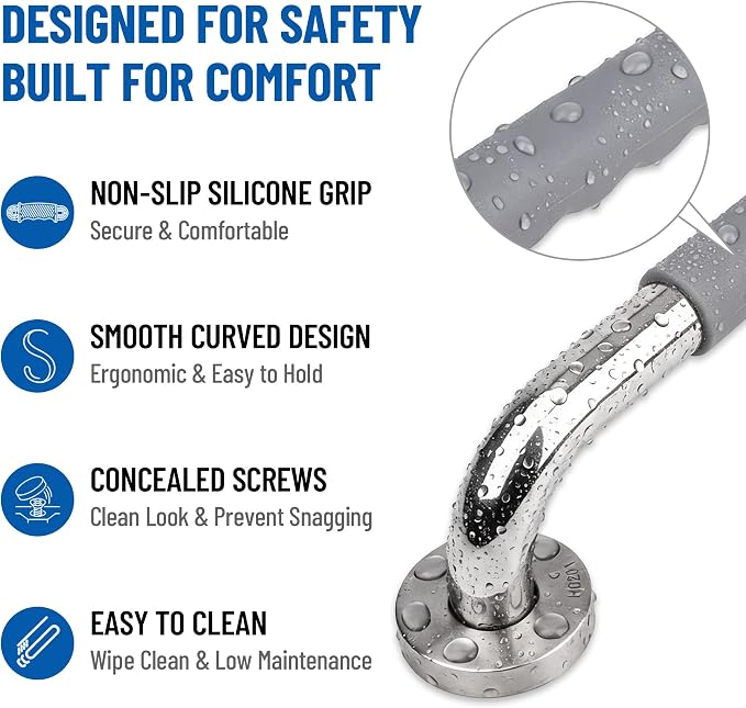 Safety Grab Bars for Shower, Anti-Slip Gray Silicone Grip(12 Inch 2 Pack) | SUS 304 Stainless Steel, Wall Mounted Shower Handles, ADA Compilant, Suitable for Seniors, Handicap, Pregnant & Kids
