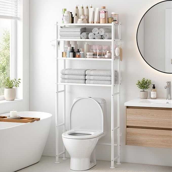 GloTika 4-Tier Over The Toilet Storage Shelves, White | 200lb Total Capacity, Metal Bathroom Organizer with 36" Clearance, Includes Paper Holder & 4 Hooks, Suit for Small Space