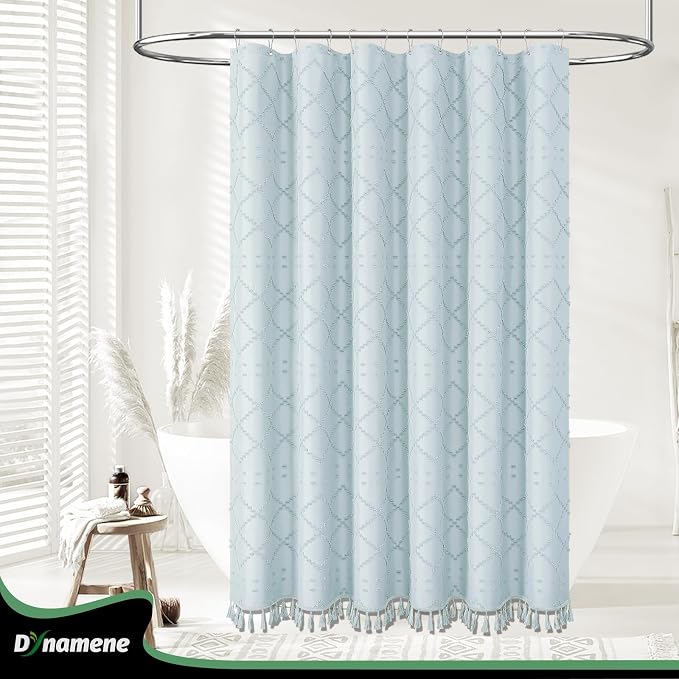 Long Boho Farmhouse Shower Curtain Tufted Geometric 72x78 Fog Blue | 78 Inch Tall, Elegant Tassel, Lightweight Textured Fabric, Water Repellent, Washable, Hotel Spa, for Bathroom/Dorm 12 Hooks