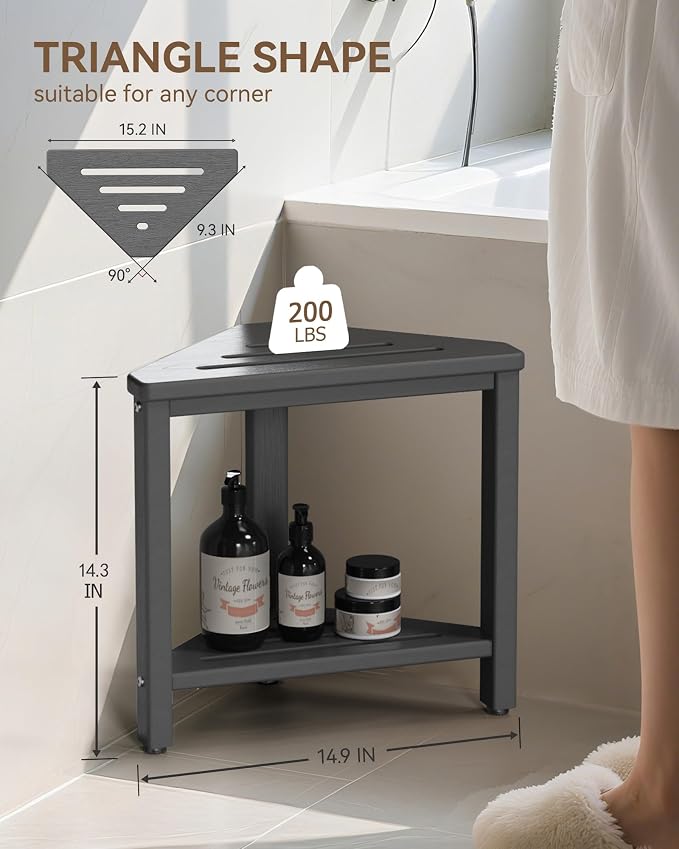 Shower Foot Rest 15in, HDPE Waterproof Shower Stool for Inside Shower, Corner Shower Stool for Shaving Legs with Storage Shelf for Small Space, Shower Step Stool, Plastic Corner Shower Bench, Grey