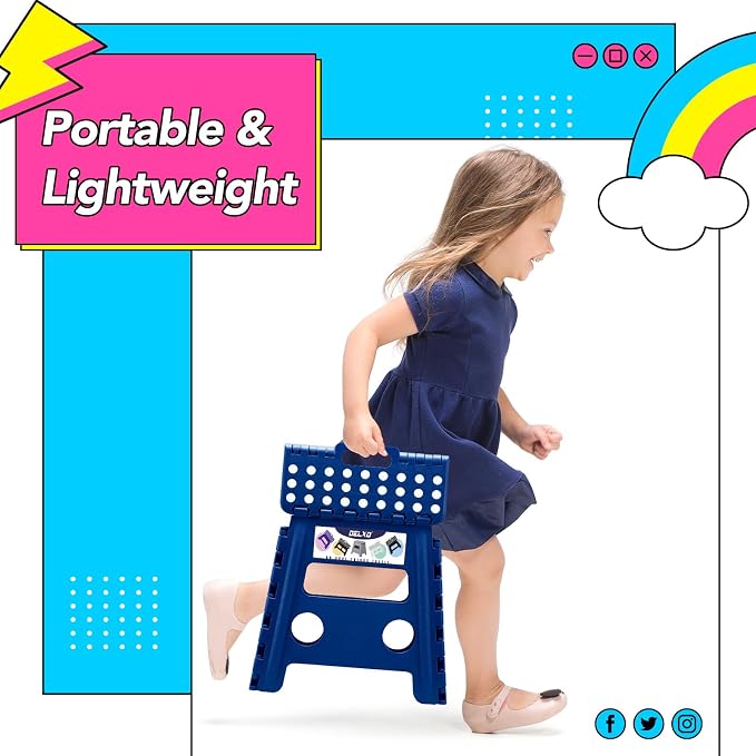 Delxo Folding Step Stool 13 Inch,300 Lbs Step Stool for Adults Blue | Foldable Step Stool 13",Non-Slip Foot Stools with Handle,Lightweight Collapsible stools for Kitchen,Bathroom,Bedroom,Garden