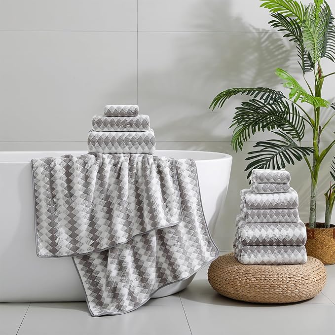 12 Pcs Light Gray Diamond Towel Set-4 Bath Towels,4 Hand Towels,4 Washcloths Soft Polyester Towels with Loop Absorbent Shower Towel Quick Dry Beach Chair Towel Family Towels for Bathroom Spa Gym Pool