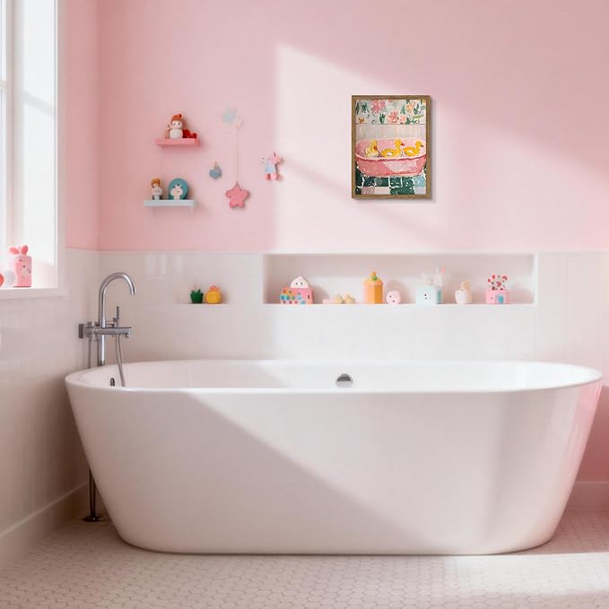 Framed Funny Bathroom Wall Art Decor, Yellow Duck in Pink Bathtub Canvas Wall Decor Painting, Cute Whimsical Animal Poster Print Picture for Girls Bathroom Nursery 12x16 Inch