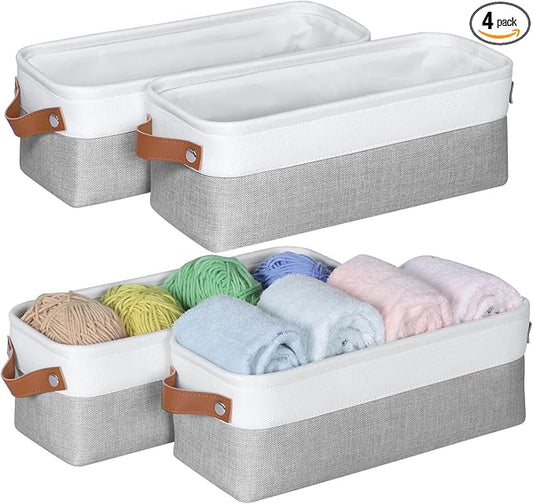 Small Fabric Storage Bins, Narrow Storage Baskets for Organizing | Long Storage Basket, with Handles, Decorative Basket, For Closets Shelves Toilet Paper, 15x6x5 inch, 4-Pack, Grey