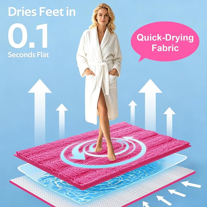 Christmas Striped Hot Pink Bathroom Rug Set 3 Pieces Ultra Soft, Non Slip Chenille Toilet Mat, Absorbent Plush Shaggy Bath Mats for Bathroom, Bedroom, Kitchen, Peach