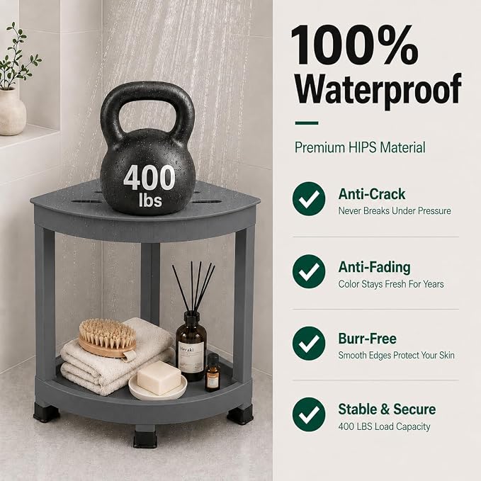 CROWNFURN Shower Foot Rest, HIPS Waterproof Shower Stool for Inside Shower, Corner Shower Bench for Shaving Legs with Baffle Storage Shelf for Small Space, Rapid Assembly DIY Combination Shelf (Grey)