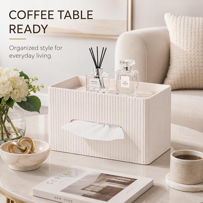 Ribbed PU Leather Tissue Box Cover with Storage Tray, Rectangular Facial Tissue Holder for Bathroom Vanity, Nightstand & Office Desk, Modern Decorative Tissue Dispenser (Ivory White)