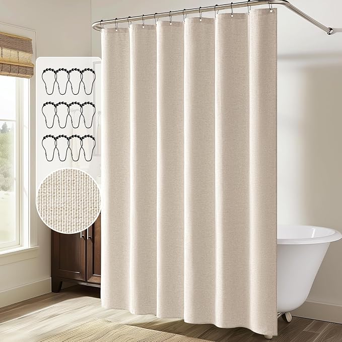 MIULEE 72 x 84 Extra Long Linen Shower Curtain Cream Beige 12 Metal Hooks | Washable, Fabric Shower Curtain, Waterproof Neutral Thick Cloth Shower Curtain, Bathroom Hotel Bathtub