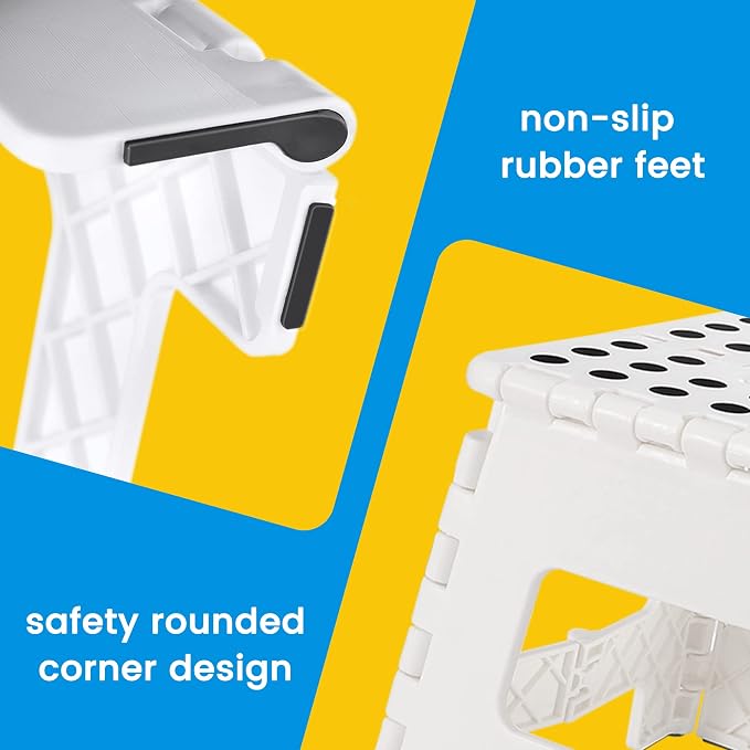 9 Inch Folding Step Stool for Kids and Adults, Holds 300 lb, White | Heavy Duty Foldable Stools, Lightweight, Non-Slip, for Toddler, for Kitchen Bathroom Bedroom Outdoor, Collapsible with Handle