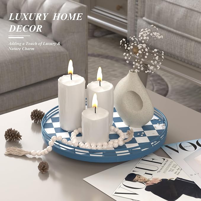 Blue and White Checkerboard Lazy Susan with Rubberwood Base and Metal Rail | Smooth rotating oak tray with walnut finish for dining tables, kitchen counters, pantries and cabinet storage.