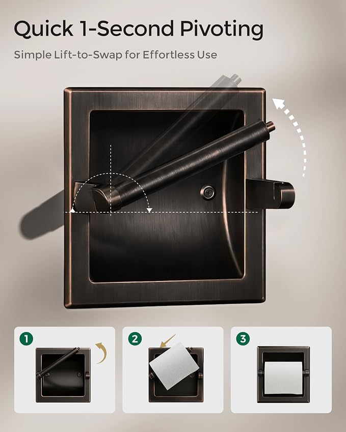 Recessed Oil Rubbed Bronze Toilet Paper Holder, Wall Mounted Heavy Duty Pivoting Toilet Paper Roll Holder with Rear Mounting Bracket in Wall, Easy lnstallation, Stainless Steel ORB