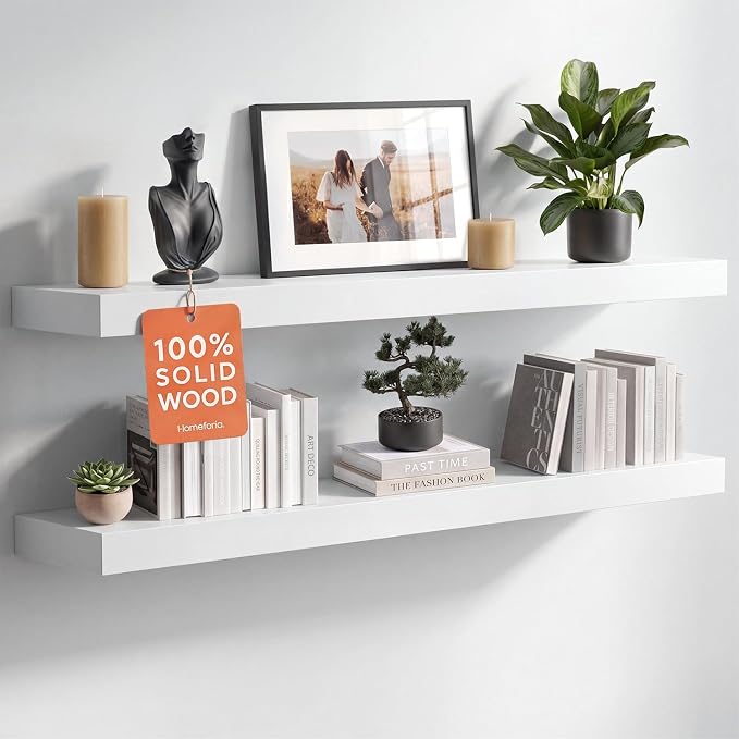 White Floating Shelves 36 inch, High End Solid Real Wood 36inch Floating Shelf for Wall Mounted, White Wooden 36in Long Floating Shelves, Heavy Duty Bracket, 36 X 6.5 X 1.75 inches, Set of 4