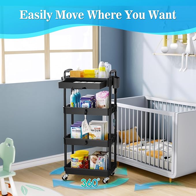 SUNALLY 4 Tier Rolling Cart with Drawer, Craft Storage Cart Organizer,Black | Bathroom Storage Organizer with 2 Lockable Wheels, Rolling Utility Cart for Kitchen, Office, Baby, Makeup, Nail,Snack,Laundry