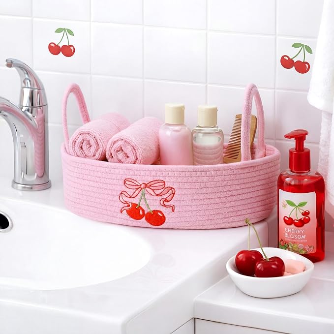 Vesici Cherry Basket Pink Cotton Rope Bathroom Organizer with Handles | Cherry Bow Embroidery, Toilet Paper Holder for Countertop Sink, Storage for Bathroom Essentials, Nursery Bedroom