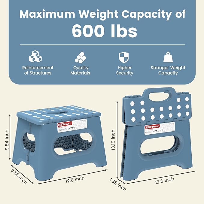 HBTower Folding Step Stool 9 Inch, 600 LBS Capacity with Safety Lock, Blue | Compact Step Stool Foldable for Kids & Adults, Portable Carry Handle, Collapsible Foot Stool, Kitchen, Bathroom & Outdoor