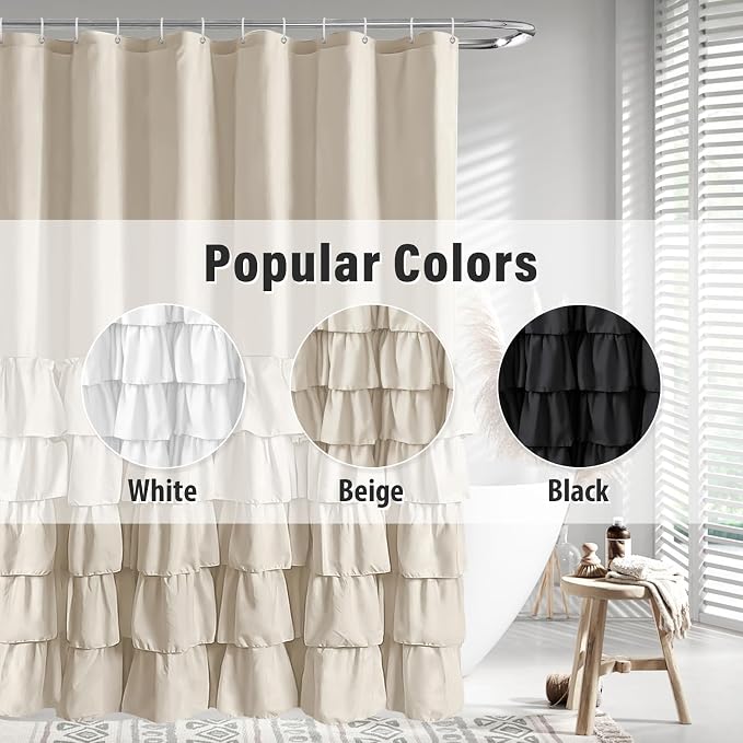 Seasonwood Beige Ruffle Shower Curtain Neutral Shower Curtain 72 x 84 | Natural button accents, layered fabric tiers, shabby chic and French country styling for decorative bathroom updates