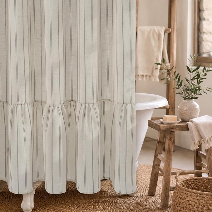 Yinhua Farmhouse Shower Curtain with Ruffle, Grey Striped Linen Shower Curtains Set with 12 Metal Hooks for Bathroom, Country Rustic Vintage Bath Curtain Waterproof Heavy Duty, 72" W x 72" L
