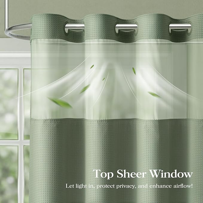 Sage Green Hook Free Waffle Shower Curtain & Snap-in Liner,72x87 | Less Time to install, 3 in 1 Fabric Shower Curtain and Liner Set with Magnets, Extra Long, Shower Curtains for Bathroom