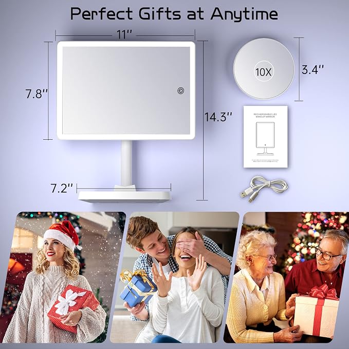 FUNTOUCH 4500mAh Large Makeup Vanity Mirror with Lights & 96 LED,White | Rechargeable Lighted Makeup Mirror with 10x Magnifying Mirror,3 Color Lighting 360°Rotation Touch Dimmable with Phone Holder