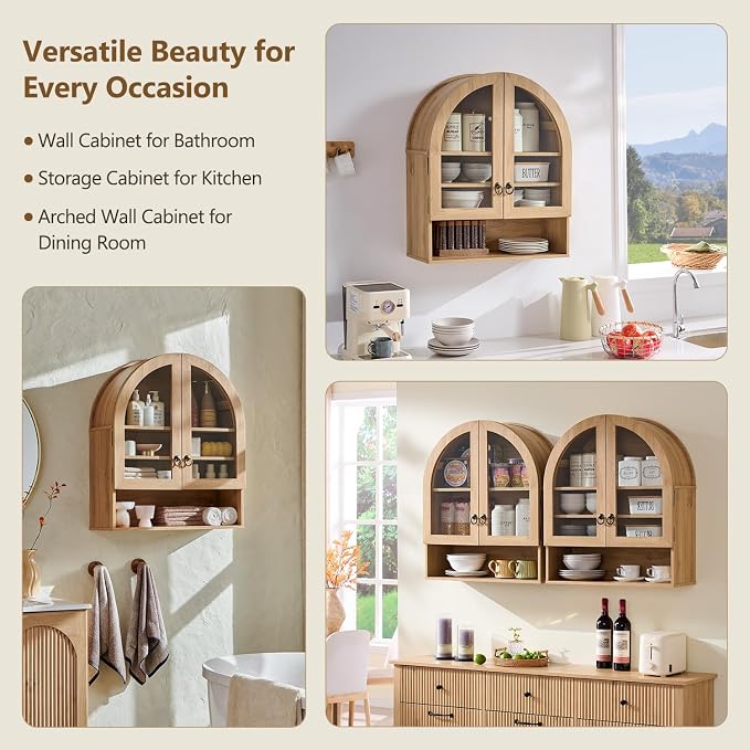 IFGET Bathroom Arched Wall Cabinet, 23.6'' Wide Medicine Cabinet with Adjustable Shelves & Glass Doors, Over The Toilet Storage Wall Mount Cabinet for Laundry Room, Kitchen & Living Room, Natural Oak