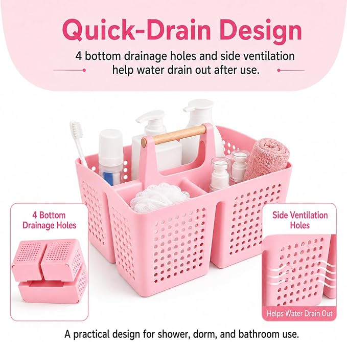 Portable Shower Caddy Basket with 3 Compartments and Handle, Caddy Pink | Plastic Divided Beauty Caddy Organizer for Makeup, Skincare, Hair Products, Nail Supplies, Vanities and Dorm Rooms