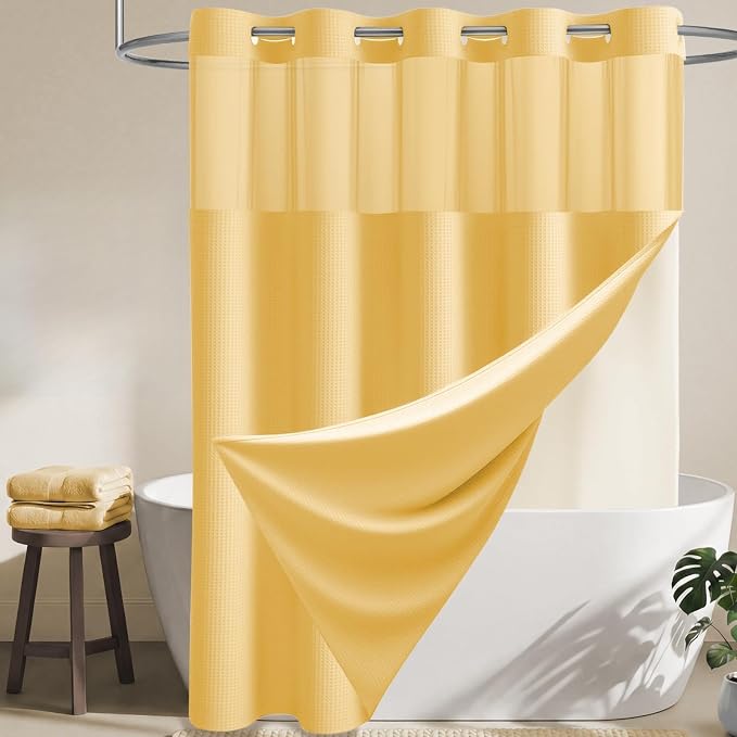 Gold Hook Free Waffle Shower Curtain & Snap-in Fabric Liner,72x75 | Less Time to install, 3 in 1 Fabric Shower Curtain and Liner Set with Magnets, Mesh Top Window, Shower Curtains for Bathroom