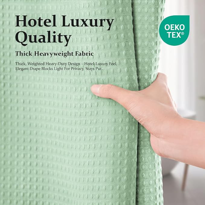 Waffle Shower Curtain 256 GSM Heavy Duty Fabric 72" x72 Mint Green | Thick Polyester Cloth, Weighted Hem, Water Repellent & Washable, Hotel Luxury Spa, Shower Curtain Set for Bathroom 12 Hooks