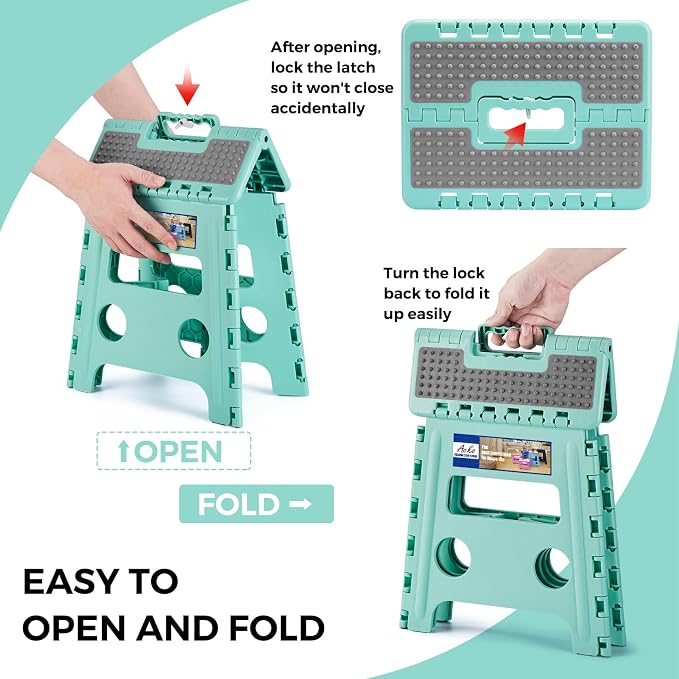 ACKO 13" Folding Step Stool, Non-Slip Surface for Adults & Kids, Dot Teal | Collapsible Heavy Duty Foldable Stools, Portable Foot Stepping Stool Holds 300 lbs, Kitchen Bathroom Outdoor, Built-in Handle