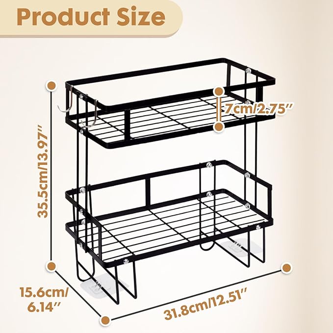 PowerKing Over The Toilet Storage Shelf, 2-Tier Bathroom Organizer, Black | No Drill Installation, Rust Resistant Steel, 2 Hanging Hooks, Toilet Paper Holder, Restroom & Bathroom Space Saver