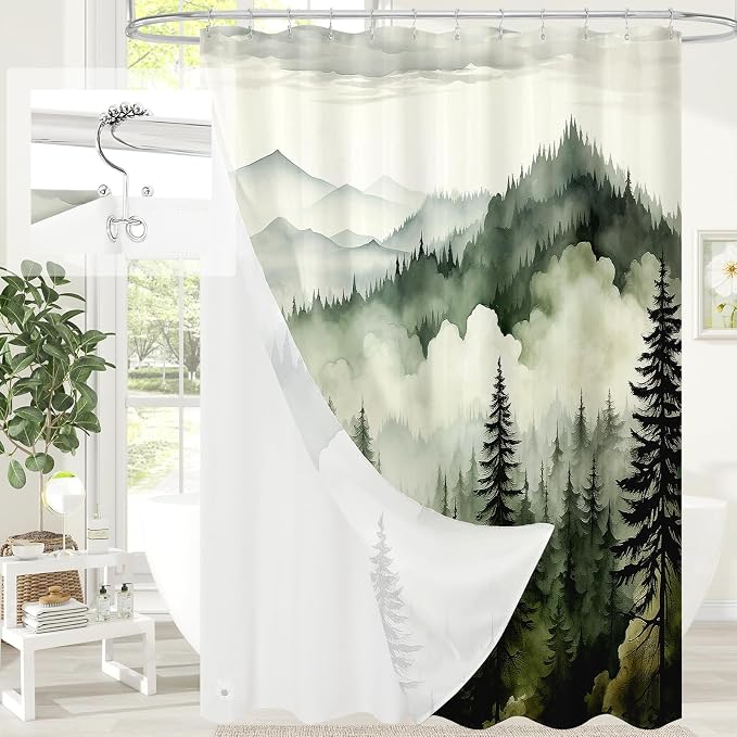 3 in 1 Dark Green Forest Shower Curtain Set, Modern Spring Shower Curtain and PEVA Liner Set with 12 Stainless Steel Shower Curtain Hooks, Waterproof Fabric Shower Curtains for Bathroom, 72 W x 72 H