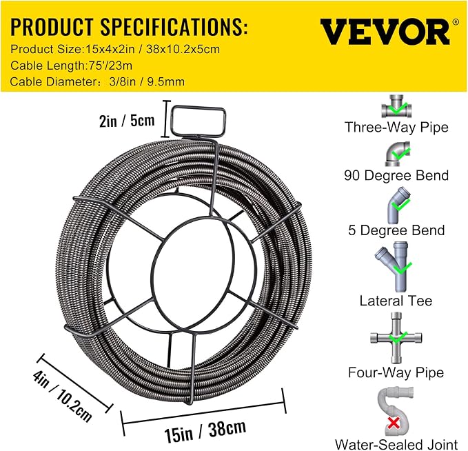 VEVOR Drain Cleaning Cable 75ft x 3/8 inch Solid Core Cable Sewer Cable, Drain Auger Cable Cleaner, Snake Clog Pipe Drain Cleaning Cable W/Four Shapes of Cutters