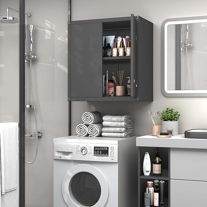 GREATMEET Locking Metal Wall Cabinets for Garage, Garage Cabinets Wall Mount, Steel Floating Hanging Storage Cabinet with Doors and Adjustable Shelf for Utility Room | 27.95" H Wall Mount Storage Cabinet, Steel Hanging Utility Tool Cabinet for Garage S...