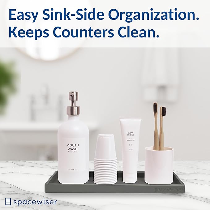 Countertop and Vanity Tray - 11.7" Silicone Bathroom Counter Tray, Dish Soap Trays for Kitchen Counter, Sink Organizer Caddy Accessories, Drawer Toilet Plant Shower Makeup Mat Oil Holder