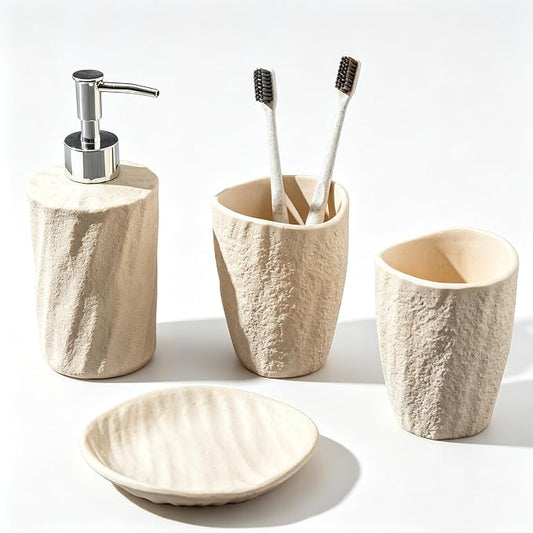 Bathroom Accessories Set, 4 PCS Modern Stone Texture, Yellow | Minimalist, Resin, with Liquid Soap Dispenser 11.5 OZ, Tumblers, Toothbrush Holder, Bar Soap Tray, For Countertop Sink