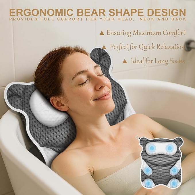 Bath Pillow for Tub Ergonomic Bear Shape Design Bath Pillow for Head and Neck Support SPA Gift Bathtub Pillow 4D Air-Mesh with 8 Suction Cups Washable Gray