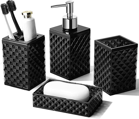 RYTOXILO Black Bathroom Accessories Set, 4 Pack Matte Black Bath Accessory Sets Complete, Acrylic Soap Dispenser and Toothbrush Holder Set for Bathroom Counter Sink, Modern Bathroom Decor