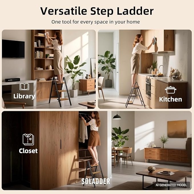 3 Step Ladder, Folding Step Stool, Black & Woodgrain | Wide Anti-Slip Steps and a Foldable, Space-Saving Design for Adults to Use in Kitchens, Closets, Library,300 lbs