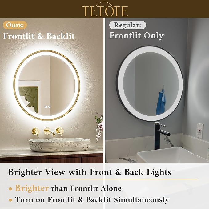 Gold Round Led Mirror with Lights 24 Inch Metal Framed Round Circle Lighted Bathroom Vanity Mirror Wall Mounted, Front and Backlit 3 Color Stepless Dimmable Anti Fog, Shatterproof, CRI 90+
