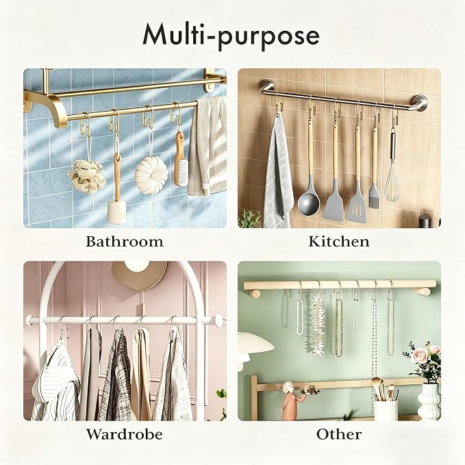 BBV Shower Curtain Hooks Rings, 12 Pcs Rust Resistant Metal Double Glide Shower Hooks for Bathroom Shower Rods Curtains (Gold)