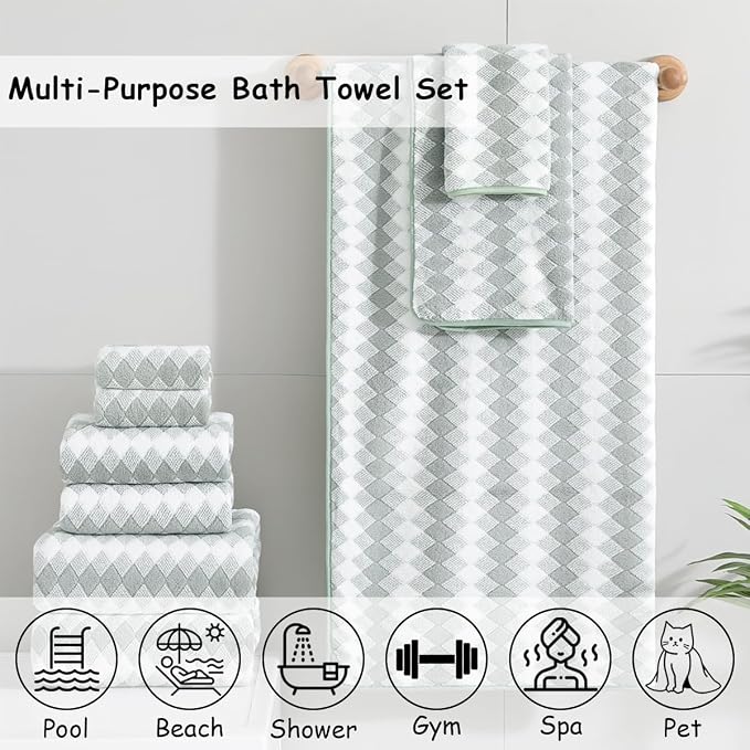 12 Pcs Green White Diamond Towel Set-4 Bath Towels,4 Hand Towels,4 Washcloths Soft Polyester Towels with Loop Absorbent Shower Towel Quick Dry Beach Chair Towel Family Towels for Bathroom Spa Gym Pool
