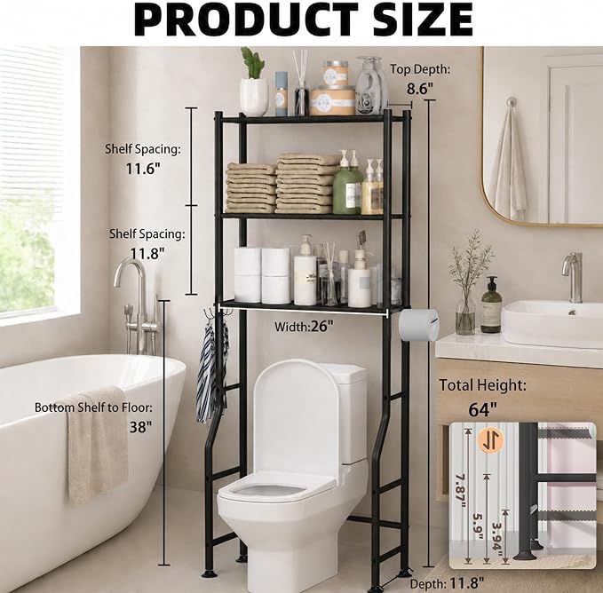 GloTika 3-Tier Over Toilet Storage, Anti-Tilt, 64" H, Black | Anti-Tilt Safety System, 150lb Capacity, Carbon Steel, Freestanding, No Drilling, Anti-Rust Coating, Paper Holder & 4 Hooks