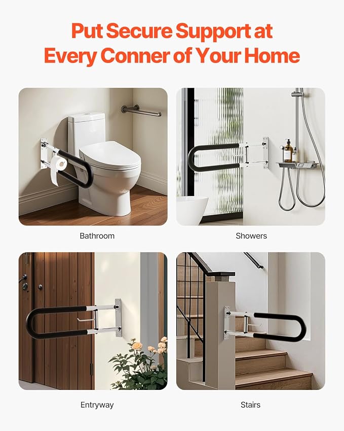 VEVOR Toilet Safety Rail, 30 Inch U-Shaped Handicap Grab Bar, Foldable Senior Safety Pole, Flip Up Toilet Grab Bars with Anti-Slip Handle, 300 Lbs Load Capacity Security Handrail with Paper Holder