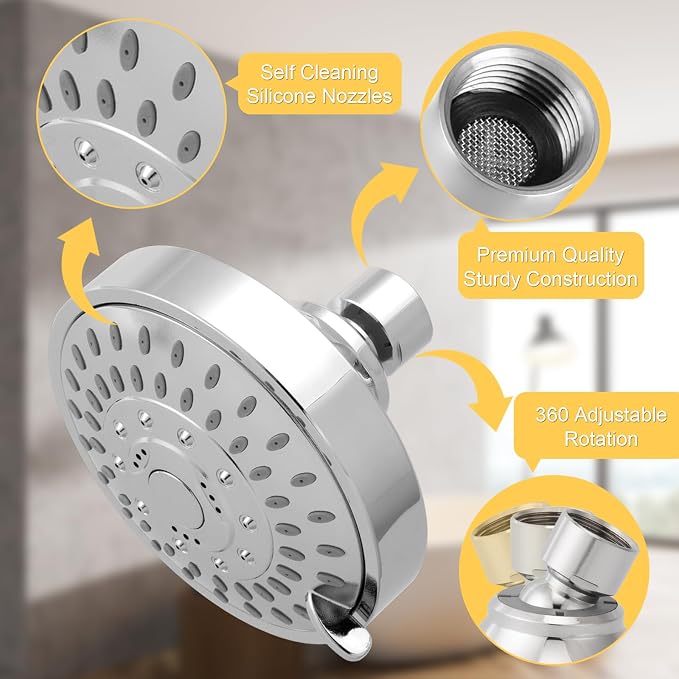 AISOSO High Pressure Rain Shower Head 2PCS 5 Modes 4.1 Inch Chrome Silver | Low Water Pressure Compatible, Powerful Spray Fixed Showerhead for a Relaxing Indoor & Outdoor Shower