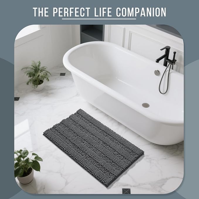 Yimobra Bathroom Rug Mat 36 x 24, Non Slip and Super Absorbent Bath Mat,Machine Washable Quick Dry,Ultra Plush Chenille Shower Rugs for Bathroom Floor Sink Tub and Shower Outside,Dark Gray